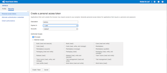 Visual Studio Team Services - User Profile - Create Personal Access Token