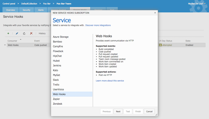 Visual Studio Team Services Service Hook - Web Hook